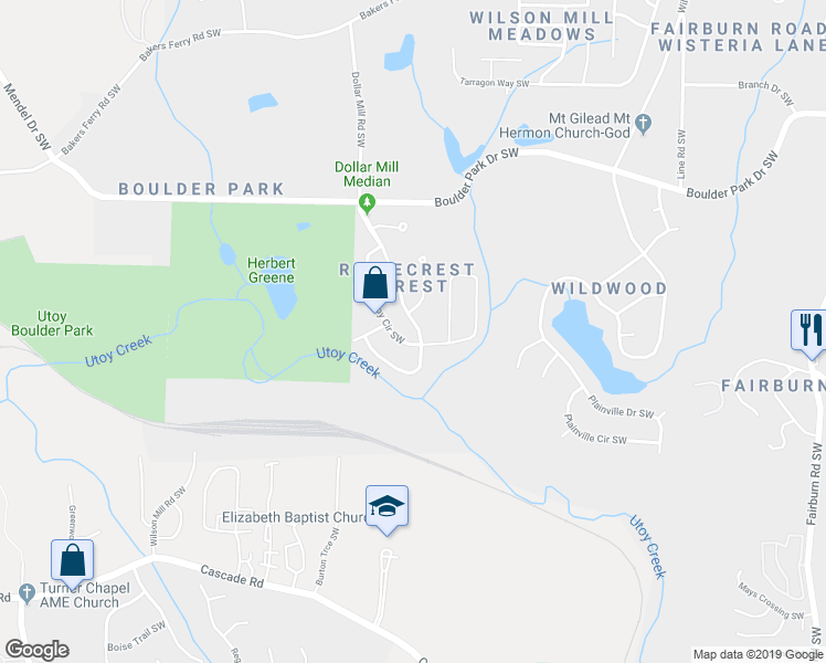 map of restaurants, bars, coffee shops, grocery stores, and more near 455 Dollar Mill Road Southwest in Atlanta