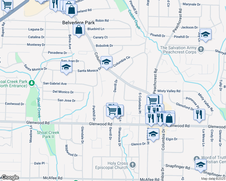 map of restaurants, bars, coffee shops, grocery stores, and more near 1703 Derrill Drive in Decatur