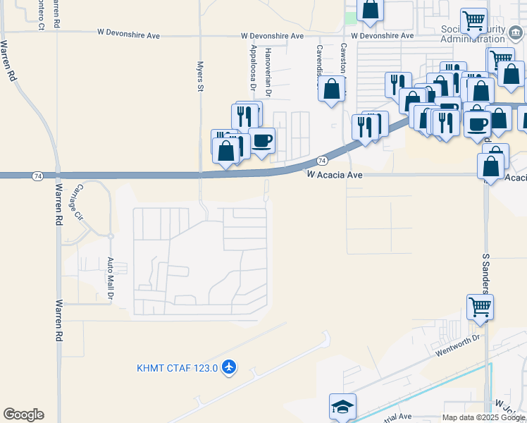 map of restaurants, bars, coffee shops, grocery stores, and more near 5001 West Florida Avenue in Hemet