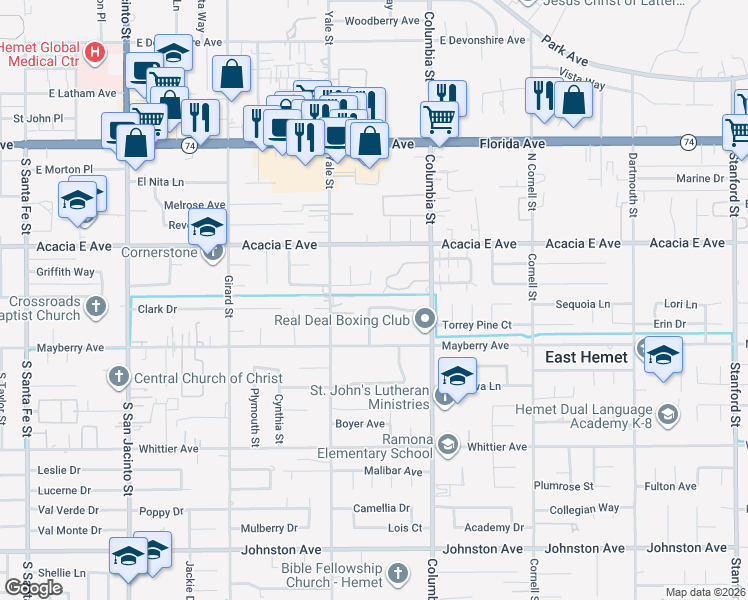 map of restaurants, bars, coffee shops, grocery stores, and more near 40846 Cavalier Drive in Hemet