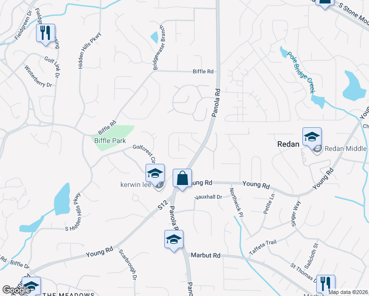 map of restaurants, bars, coffee shops, grocery stores, and more near 1705 Panola Road in Stone Mountain
