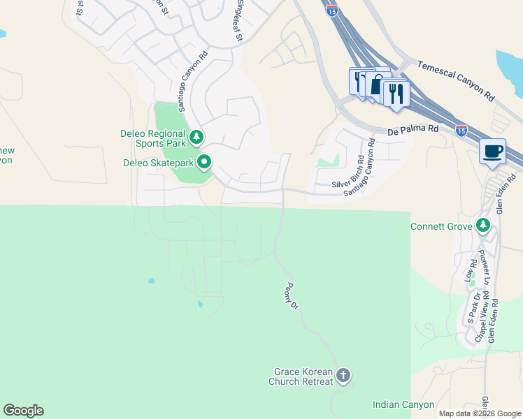 map of restaurants, bars, coffee shops, grocery stores, and more near 11436 Kingbird Drive in Corona