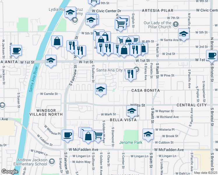 map of restaurants, bars, coffee shops, grocery stores, and more near 201 Queen Lane in Santa Ana