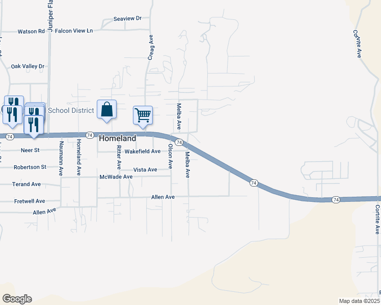 map of restaurants, bars, coffee shops, grocery stores, and more near 26096 Melba Avenue in Homeland