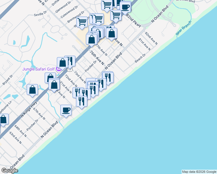 map of restaurants, bars, coffee shops, grocery stores, and more near 201 75th Avenue North in Myrtle Beach