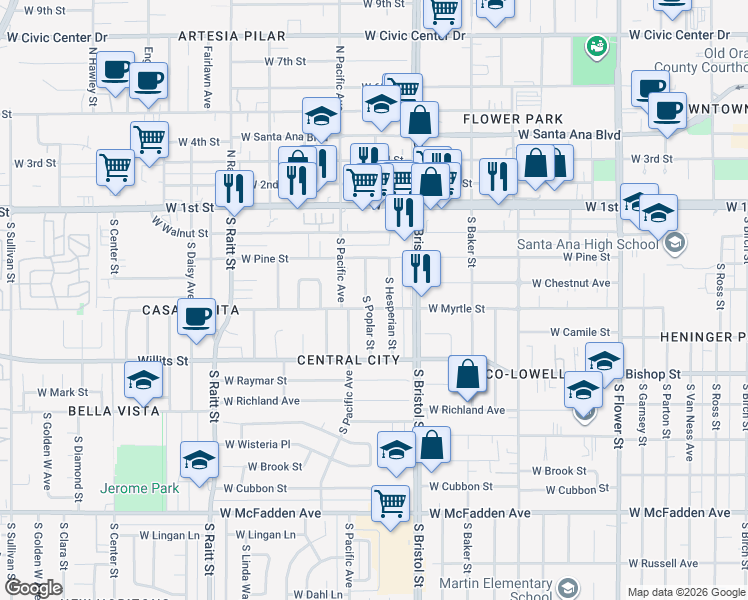 map of restaurants, bars, coffee shops, grocery stores, and more near 413 South Poplar Street in Santa Ana