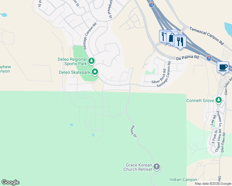 map of restaurants, bars, coffee shops, grocery stores, and more near 11428 Forge Road in Corona