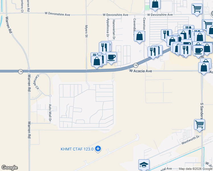 map of restaurants, bars, coffee shops, grocery stores, and more near 5001 West Florida Avenue in Hemet