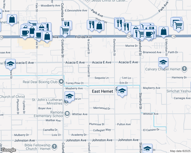 map of restaurants, bars, coffee shops, grocery stores, and more near 41315 Dixon Drive in Hemet