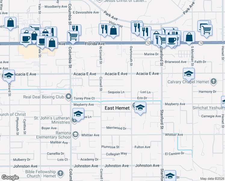 map of restaurants, bars, coffee shops, grocery stores, and more near 41315 Dixon Drive in Hemet