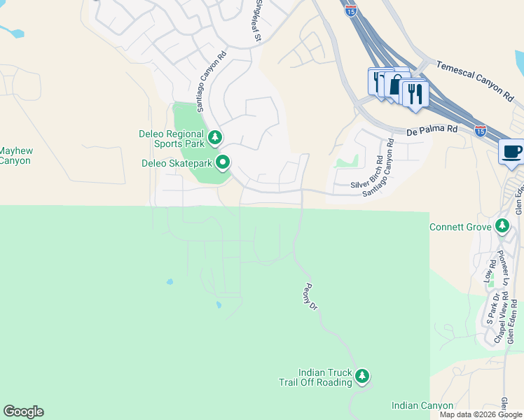map of restaurants, bars, coffee shops, grocery stores, and more near 11404 Forge Road in Corona