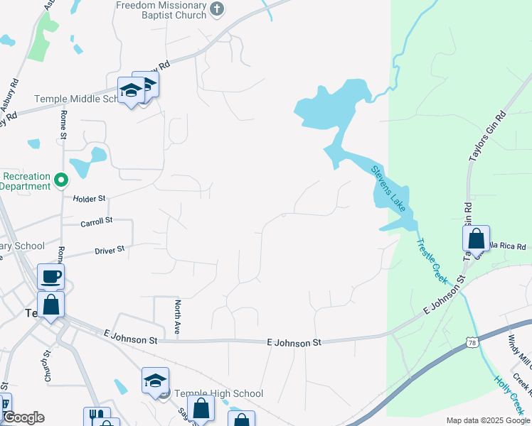 map of restaurants, bars, coffee shops, grocery stores, and more near 204 Ivey Lake Parkway in Temple