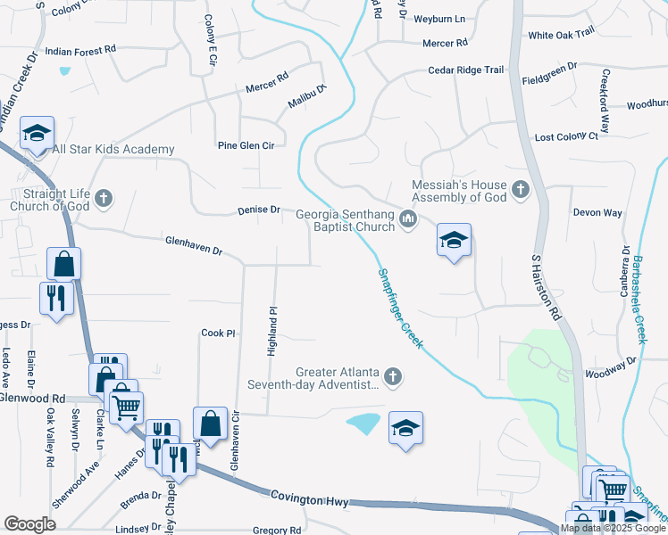 map of restaurants, bars, coffee shops, grocery stores, and more near 4522 Glenhaven Drive in Decatur