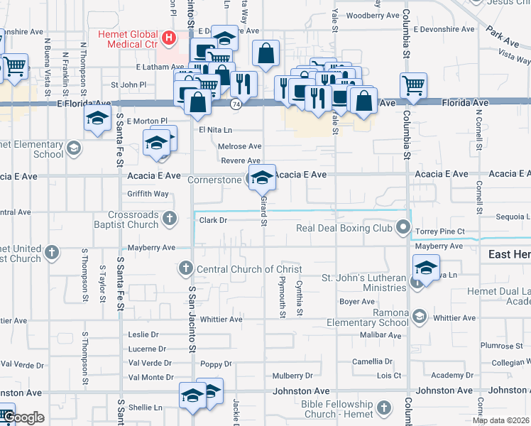 map of restaurants, bars, coffee shops, grocery stores, and more near 26124 Girard Street in Hemet