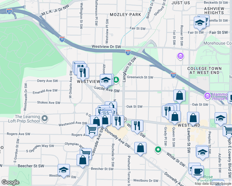 map of restaurants, bars, coffee shops, grocery stores, and more near 1394 Lucile Avenue Southwest in Atlanta
