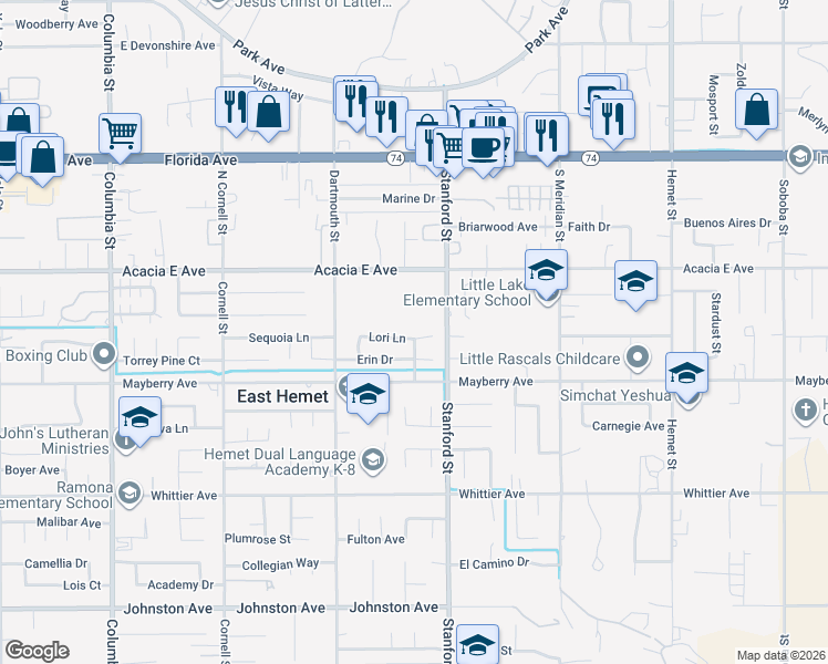 map of restaurants, bars, coffee shops, grocery stores, and more near 41676 Lori Lane in Hemet