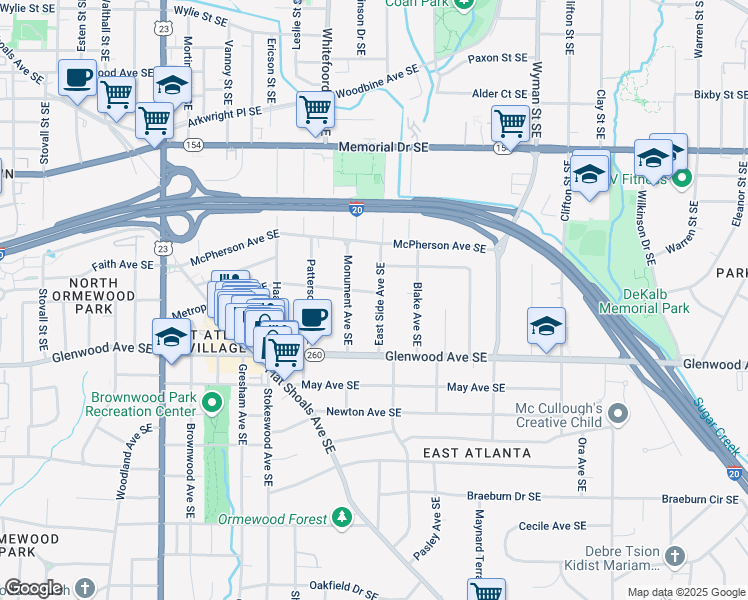 map of restaurants, bars, coffee shops, grocery stores, and more near 1443 Metropolitan Avenue Southeast in Atlanta