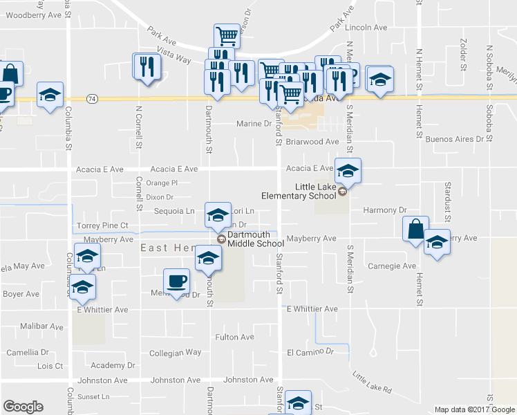 map of restaurants, bars, coffee shops, grocery stores, and more near 41676 Lori Lane in Hemet