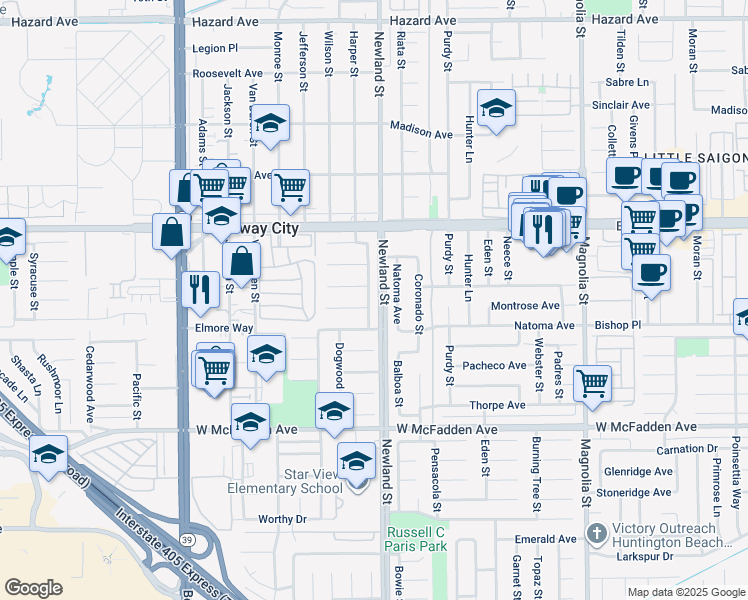 map of restaurants, bars, coffee shops, grocery stores, and more near 15172 Tungwood Street in Westminster