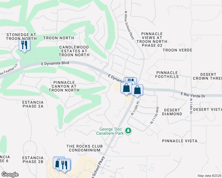 map of restaurants, bars, coffee shops, grocery stores, and more near 10831 East White Feather Lane in Scottsdale