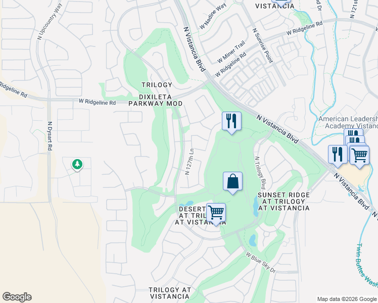 map of restaurants, bars, coffee shops, grocery stores, and more near 28630 North 127th Lane in Peoria