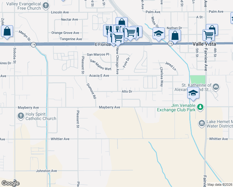 map of restaurants, bars, coffee shops, grocery stores, and more near 26124 New Chicago Avenue in Hemet