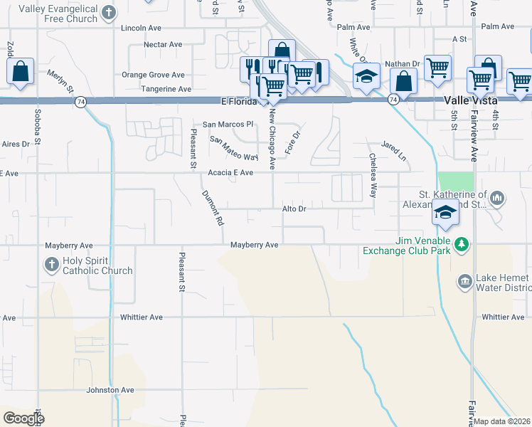 map of restaurants, bars, coffee shops, grocery stores, and more near 26124 New Chicago Avenue in Hemet