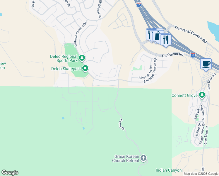 map of restaurants, bars, coffee shops, grocery stores, and more near 11436 Kingbird Drive in Corona