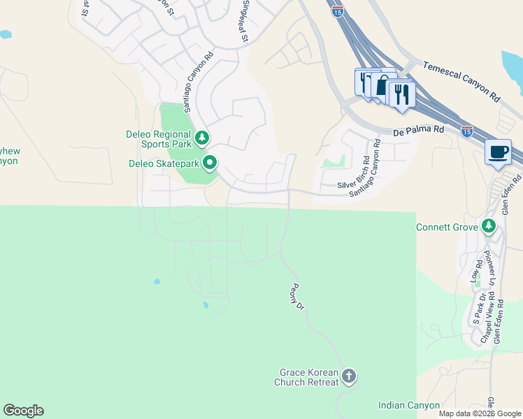 map of restaurants, bars, coffee shops, grocery stores, and more near 11436 Kingbird Drive in Corona