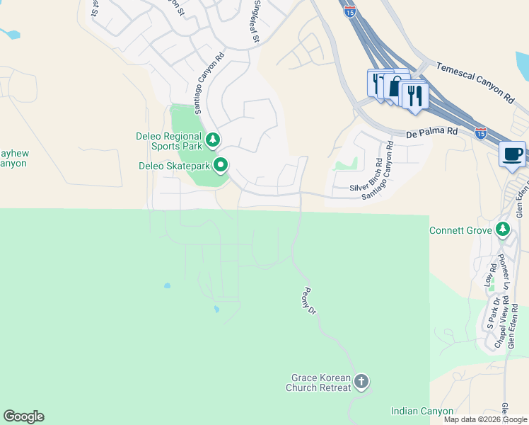 map of restaurants, bars, coffee shops, grocery stores, and more near 11436 Kingbird Drive in Corona