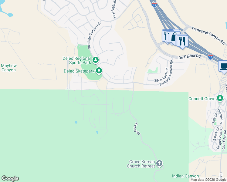 map of restaurants, bars, coffee shops, grocery stores, and more near 25972 Towhee Lane in Corona