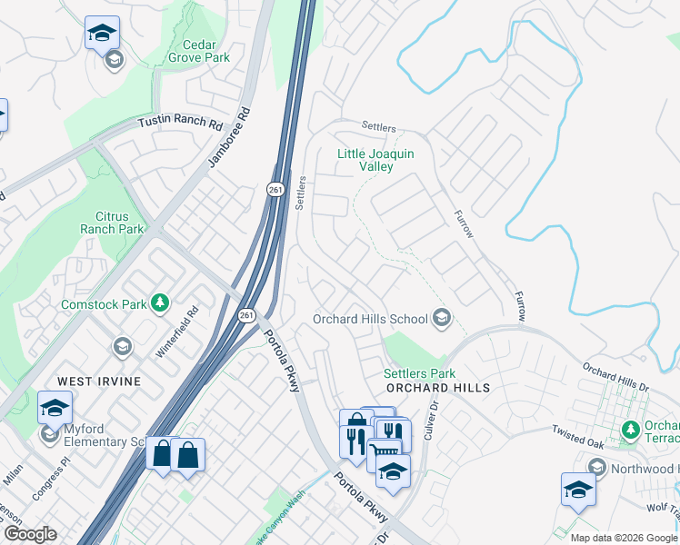 map of restaurants, bars, coffee shops, grocery stores, and more near 3 Sky Vista in Irvine