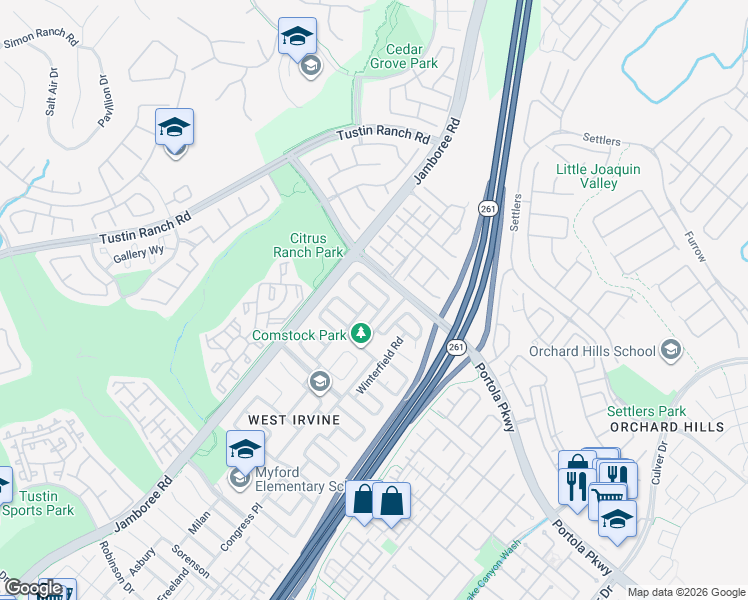 map of restaurants, bars, coffee shops, grocery stores, and more near 83 Linhaven in Irvine