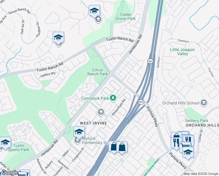 map of restaurants, bars, coffee shops, grocery stores, and more near 83 Linhaven in Irvine