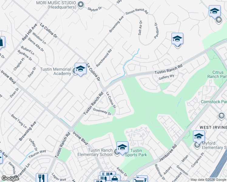 map of restaurants, bars, coffee shops, grocery stores, and more near 12430 Woodhall Way in Tustin