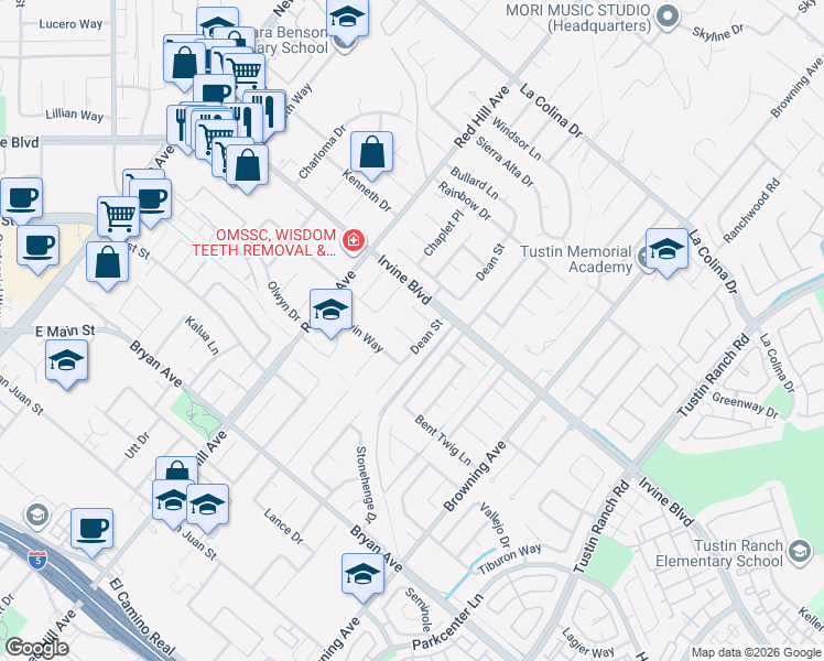 map of restaurants, bars, coffee shops, grocery stores, and more near 1662 Blueberry Way in Tustin