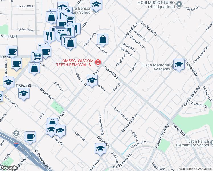 map of restaurants, bars, coffee shops, grocery stores, and more near 13092 Chaplet Place in Tustin