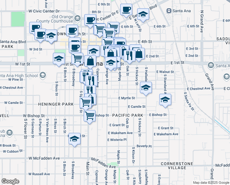 map of restaurants, bars, coffee shops, grocery stores, and more near 323 East Chestnut Avenue in Santa Ana