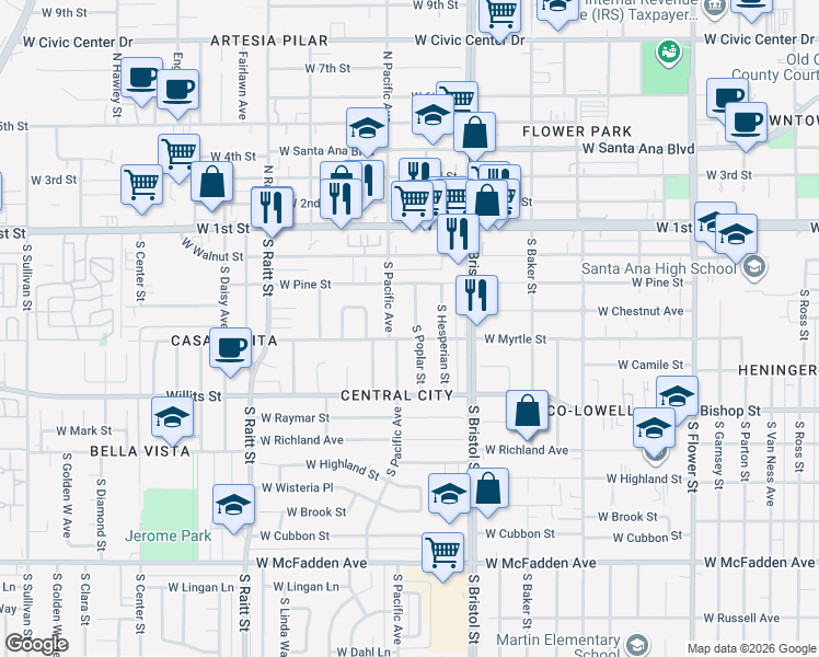 map of restaurants, bars, coffee shops, grocery stores, and more near 405 South Pacific Avenue in Santa Ana