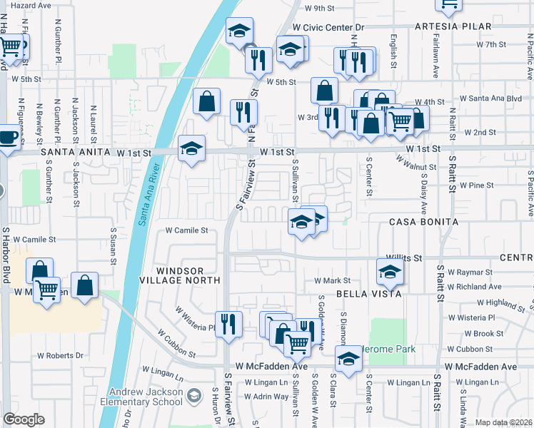 map of restaurants, bars, coffee shops, grocery stores, and more near 500 South Everglade Street in Santa Ana