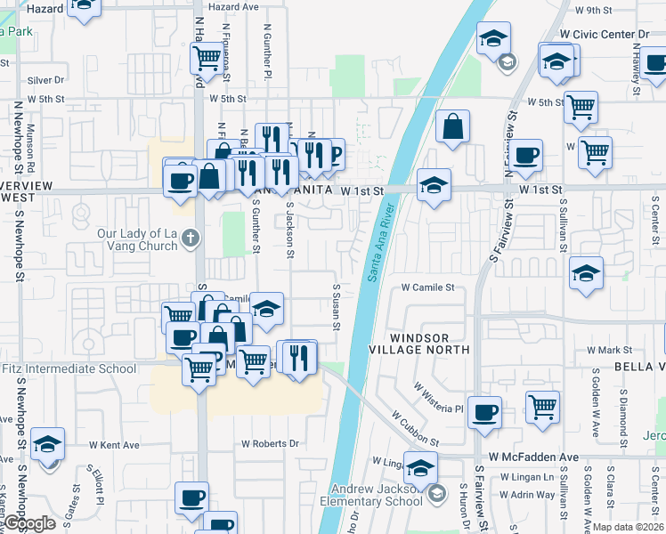 map of restaurants, bars, coffee shops, grocery stores, and more near 331 South Susan Street in Santa Ana