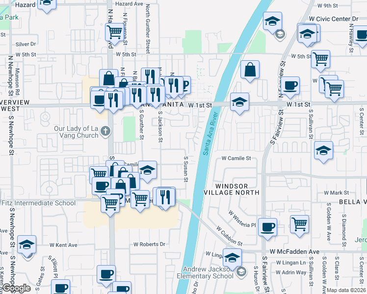 map of restaurants, bars, coffee shops, grocery stores, and more near 331 South Susan Street in Santa Ana