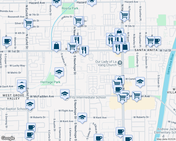 map of restaurants, bars, coffee shops, grocery stores, and more near 315 South Newhope Street in Santa Ana