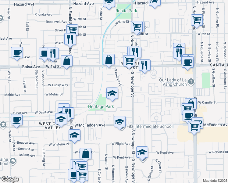 map of restaurants, bars, coffee shops, grocery stores, and more near 4706 West Lucky Way in Santa Ana