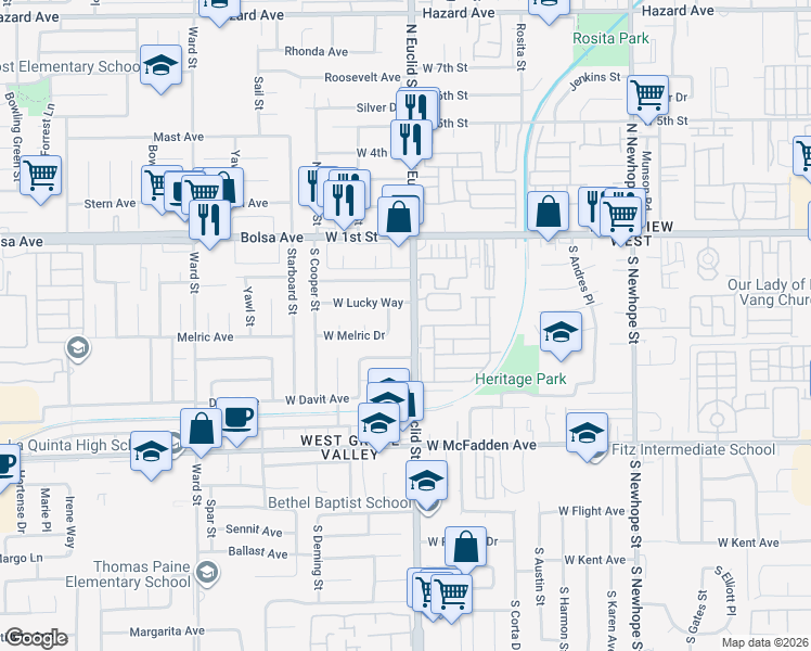 map of restaurants, bars, coffee shops, grocery stores, and more near 5202 West Lucky Way in Santa Ana
