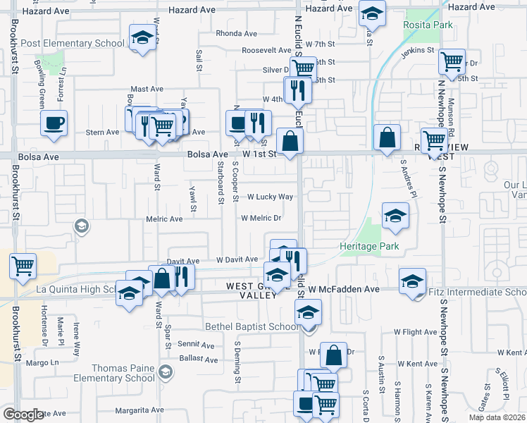 map of restaurants, bars, coffee shops, grocery stores, and more near 5314 West Lucky Way in Santa Ana