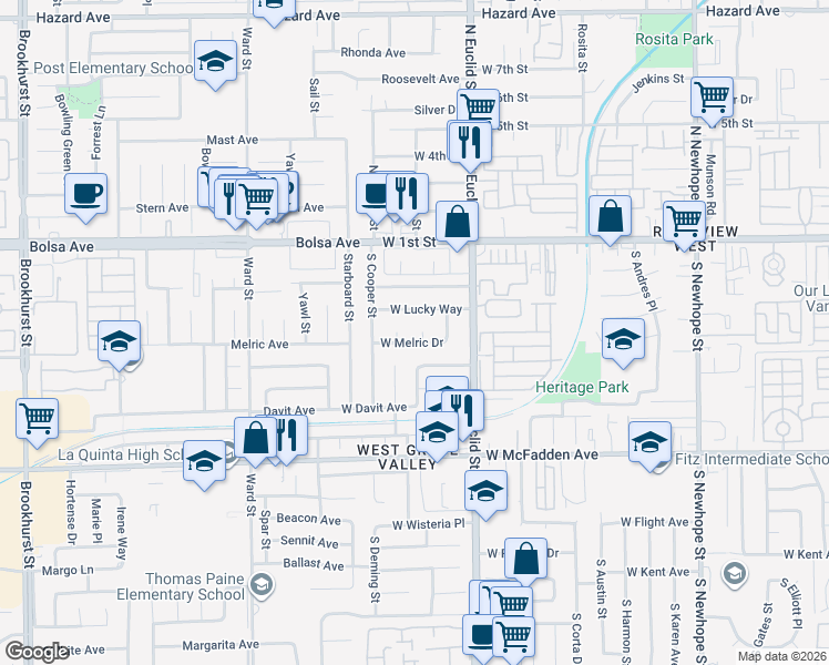 map of restaurants, bars, coffee shops, grocery stores, and more near 5314 West Lucky Way in Santa Ana
