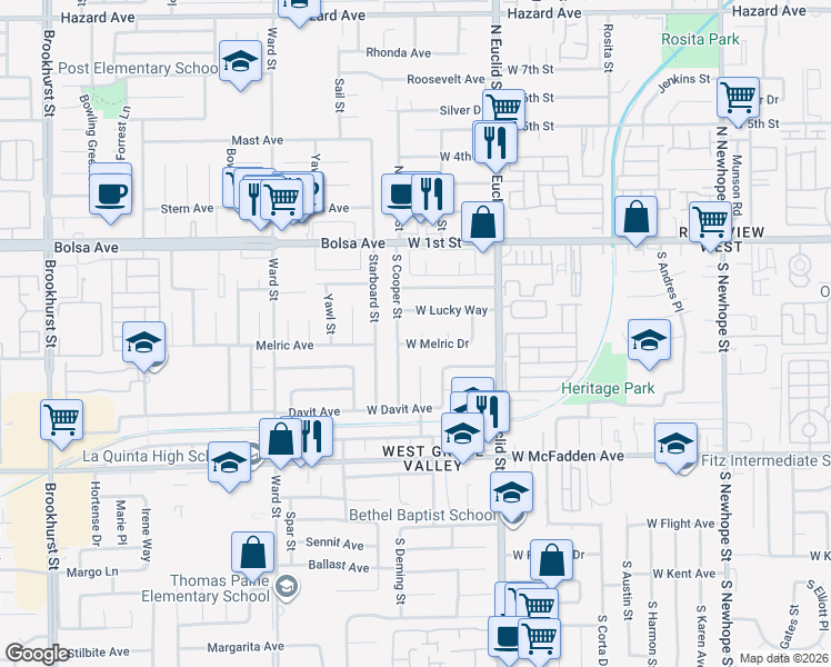 map of restaurants, bars, coffee shops, grocery stores, and more near 5418 West Lucky Way in Santa Ana