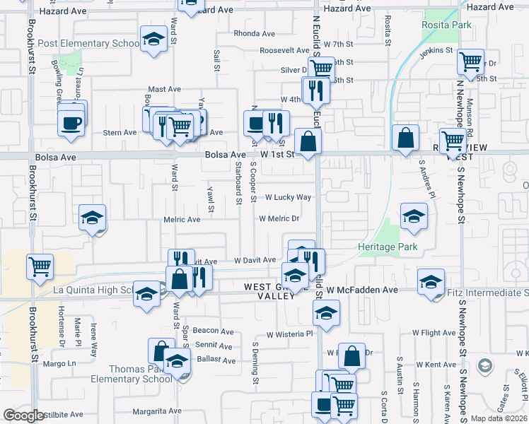 map of restaurants, bars, coffee shops, grocery stores, and more near 5418 West Lucky Way in Santa Ana
