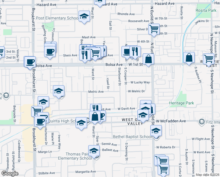 map of restaurants, bars, coffee shops, grocery stores, and more near 15161 Sail Street in Garden Grove